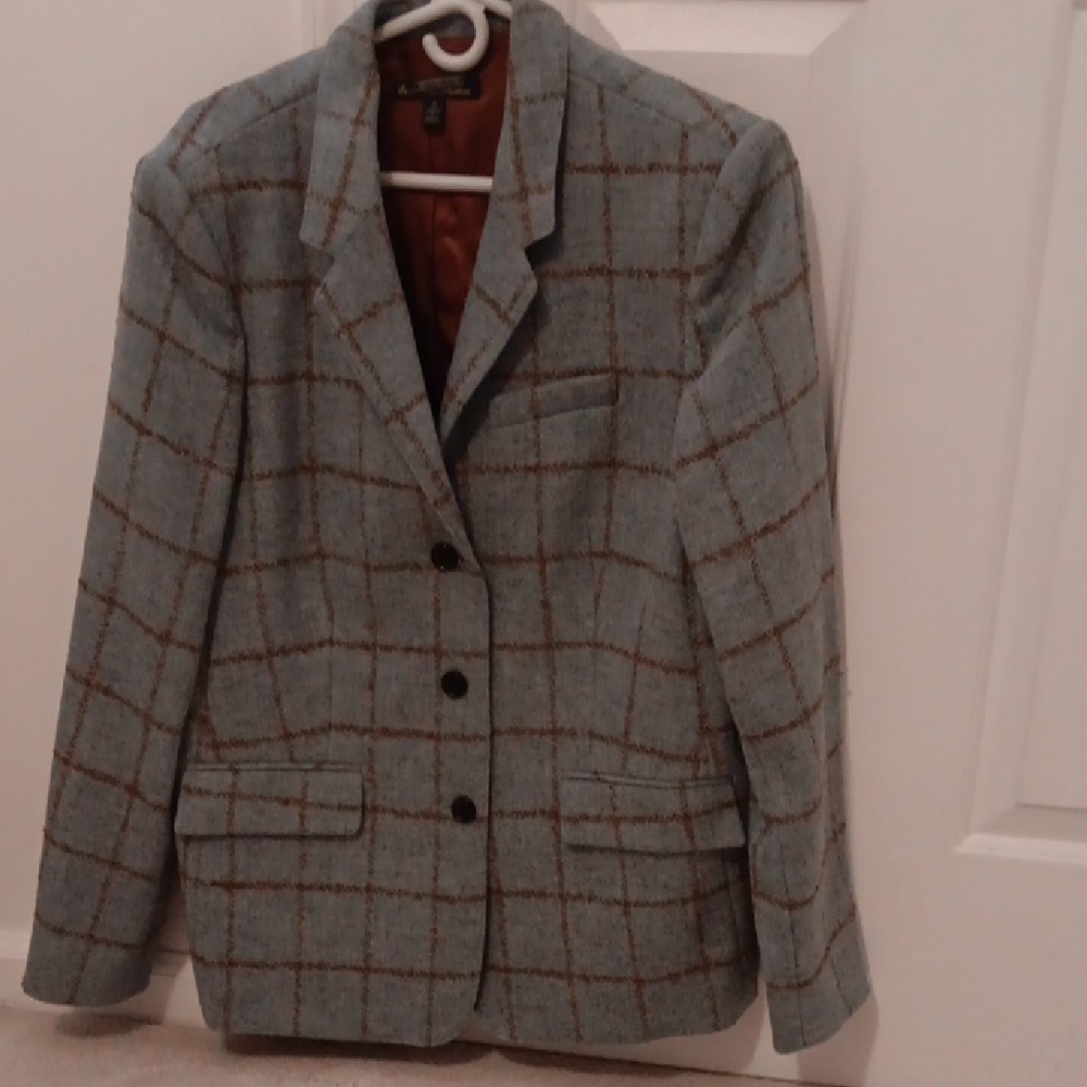 Women's Grey Blue Plaid Blazer With Brown Check,Wool,Poly Lining Brooks Broth 16